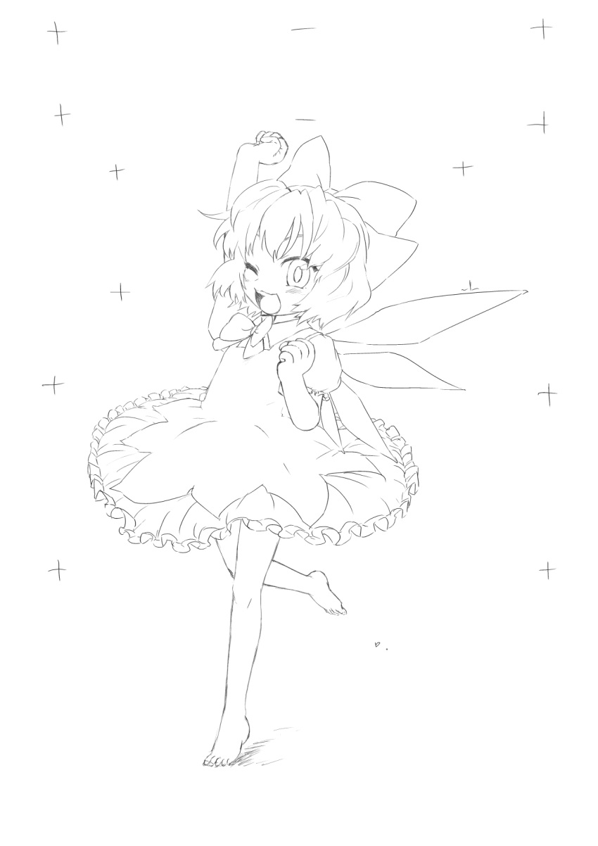 ;d bow cirno hair_bow highres kiriu monochrome open_mouth outstretched_arm smile sparkle standing_on_one_leg touhou wings wink
