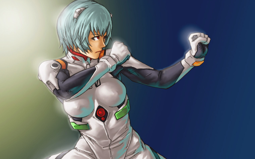 ayanami_rei blue_hair bodysuit breasts clenched_hands fighting_stance hair_ornament neon_genesis_evangelion plugsuit red_eyes short_hair take_(artist) take_(draghignazzo) wallpaper