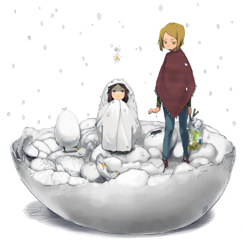 :o egg highres looking_up negy original parka red_eyes red_hair redhead shopping snow surreal yellow_eyes