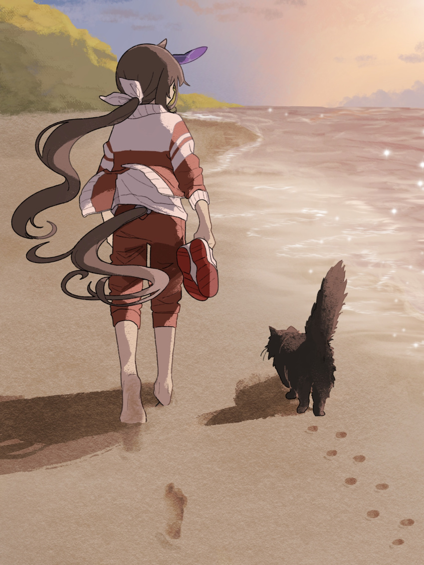 1girl admire_vega_(umamusume) animal animal_ears barefoot beach black_cat blue_sky brown_hair cat clouds commentary_request facing_away footprints from_behind hair_ribbon highres holding holding_clothes holding_footwear holding_shoes horse_ears horse_girl horse_tail jacket long_hair low_ponytail outdoors pants ponytail red_jacket red_pants ribbon sand shoes shoes_removed sky soles solo sunset tail tail_through_clothes track_jacket track_pants track_suit umamusume very_long_hair walking white_footwear white_ribbon yano_(edbr1022)