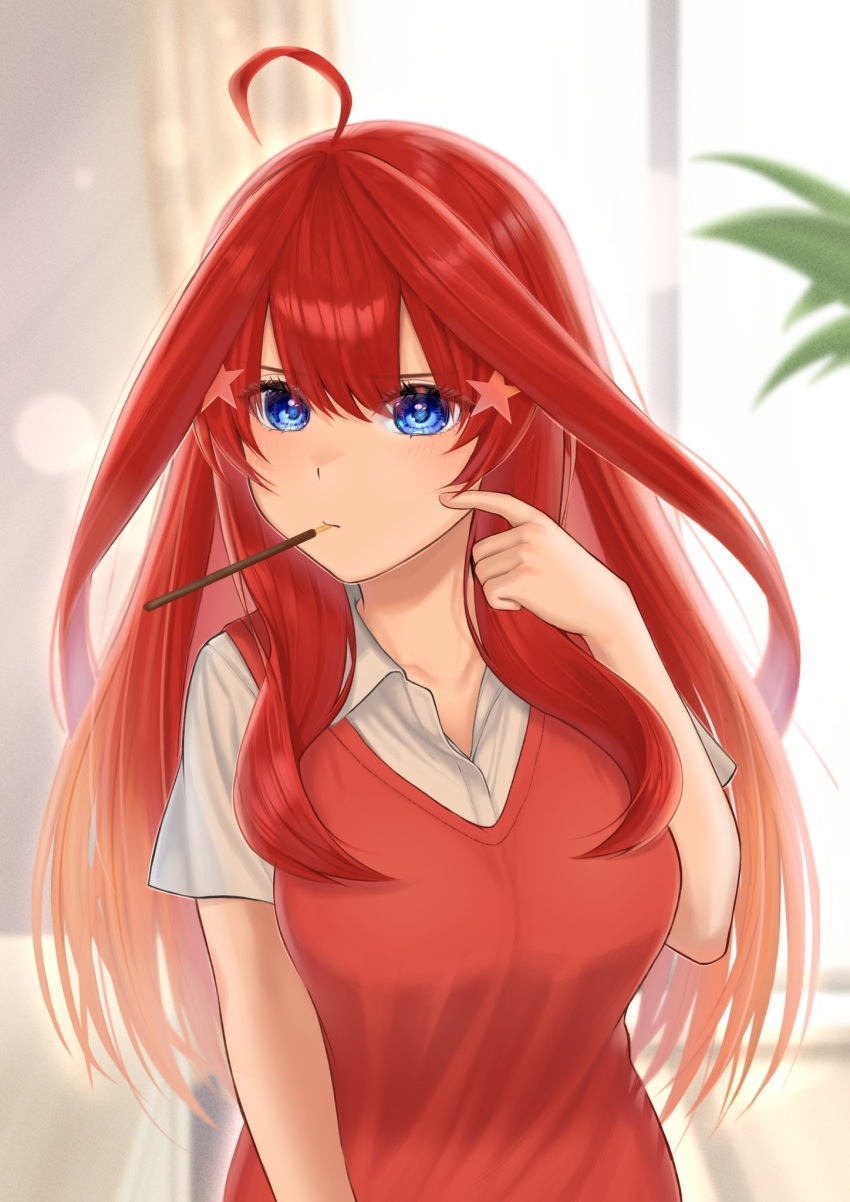 1girl ahoge blue_eyes breasts closed_mouth collared_shirt food food_in_mouth go-toubun_no_hanayome hair_ornament highres incoming_pocky_kiss indoors large_breasts long_hair looking_at_viewer nakano_itsuki pocky pointing pointing_at_self red_sweater_vest redhead shiraito shirt solo star_(symbol) star_hair_ornament sweater_vest white_shirt