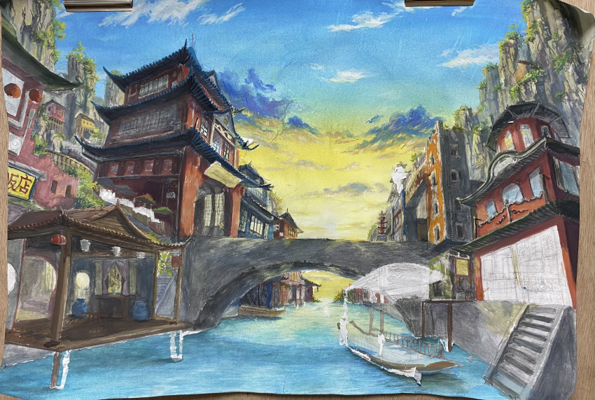 architecture blue_sky boat building canal east_asian_architecture highres hkwryyy_pepe no_humans orange_sky original platform river sky stairs sunrise town water watercraft