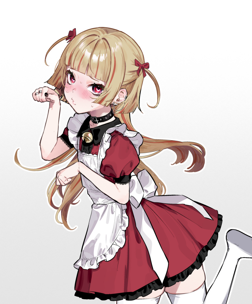 1girl apron back_bow bell black_collar black_nails black_trim blonde_hair blunt_bangs blush bow buttons collar cowboy_shot dress ear_chain flat_chest frilled_apron frilled_dress frills hair_ribbon heart heart-shaped_pupils highres jewelry long_hair looking_at_viewer maid_apron multicolored_hair neck_bell nikubou_maranoshin original paw_pose pout puffy_short_sleeves puffy_sleeves red_dress red_eyes redhead ribbon ring short_sleeves sidelocks simple_background skindentation solo standing standing_on_one_leg streaked_hair sweat symbol-shaped_pupils thigh-highs two-tone_hair waist_bow white_apron white_background white_bow white_thighhighs zettai_ryouiki