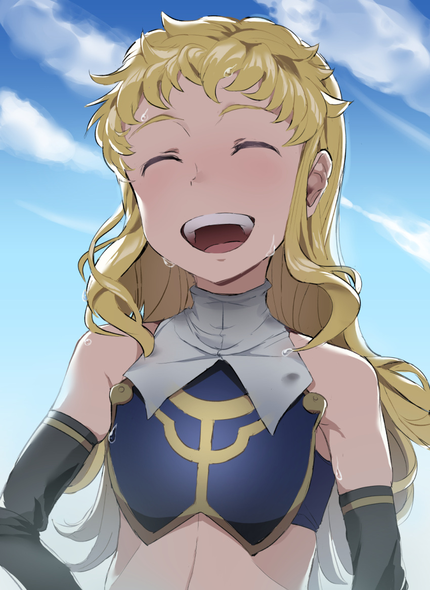 1girl alternate_hairstyle bare_shoulders blonde_hair blue_armor blue_sky closed_eyes clouds flat_chest highres long_hair midriff mika_(under_night_in-birth) open_mouth outdoors sky solo teeth tongue touniyuu under_night_in-birth under_night_in-birth_exe:late[st] upper_body upper_teeth_only wet