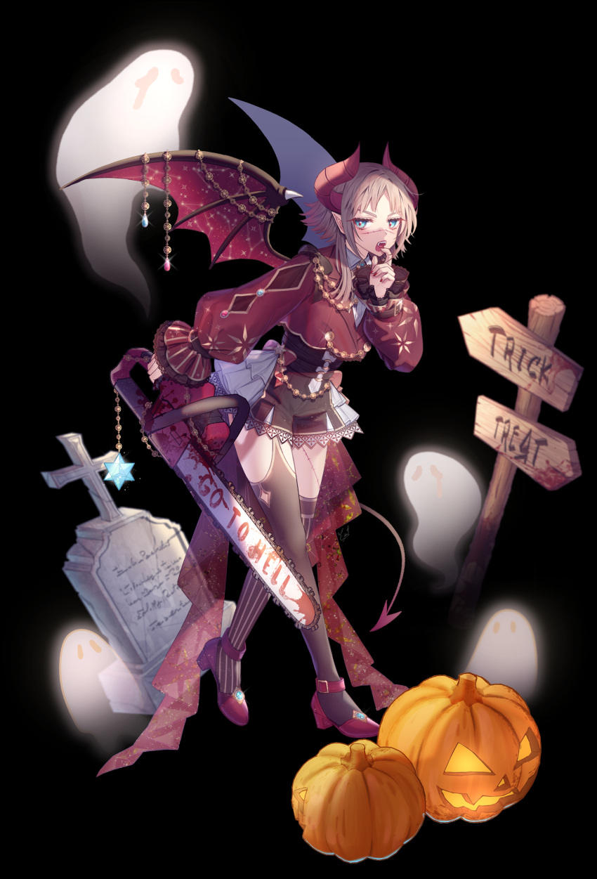 1girl absurdres black_shorts blue_eyes brown_hair chainsaw curled_horns demon_wings fangs halloween high-waist_shorts highres holding holding_chainsaw horns jack-o'-lantern nurumi_p open_mouth original red_footwear red_horns red_nails red_wings short_hair_with_long_locks shorts tombstone wings