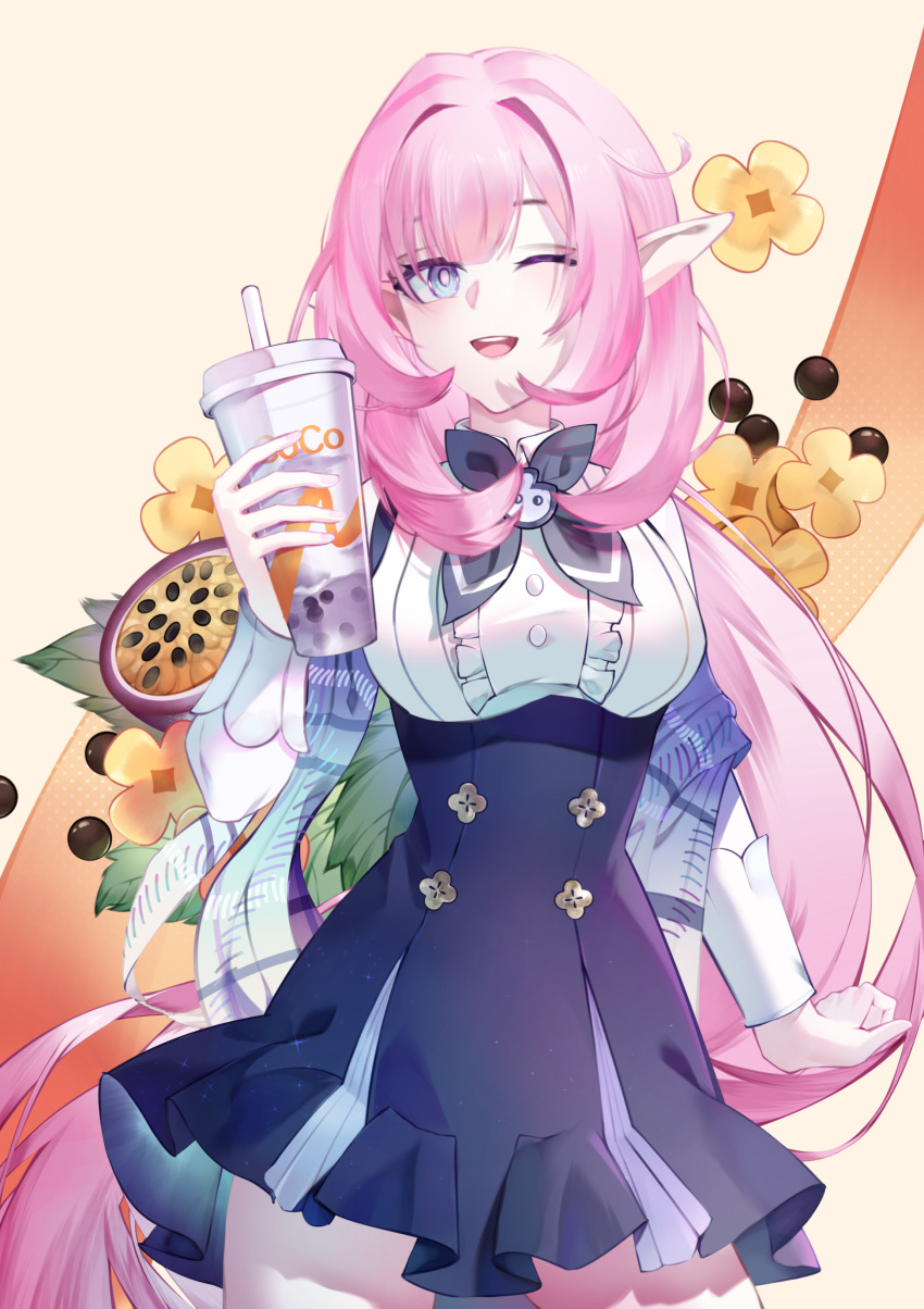 1girl ;d absurdres black_skirt blue_eyes breasts brown_background bubble_tea center_frills commentary_request cowboy_shot cup disposable_cup drinking_straw elysia_(honkai_impact) eyebrows_hidden_by_hair flower frilled_skirt frills hair_intakes high-waist_skirt highres holding holding_cup honkai_(series) honkai_impact_3rd large_breasts long_hair long_sleeves looking_at_viewer one_eye_closed pink_hair pointy_ears seele_(ffva7257) shirt skirt smile solo standing teeth upper_teeth_only very_long_hair white_shirt yellow_flower