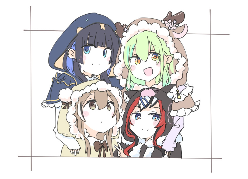 4girls :d animal_hood bear_hood black_capelet blue_eyes blue_hair brown_capelet brown_eyes brown_hair capelet ceres_fauna chiisai crossed_bangs deer_hood dot_mouth earrings fur_trim green_hair hakos_baelz highres holocouncil hololive hololive_english hood jewelry looking_at_viewer looking_up mole mole_under_eye multicolored_hair multiple_girls nanashi_mumei official_alternate_costume ouro_kronii redhead simple_background smile snake_hood streaked_hair tasmanian_devil_ears virtual_youtuber yellow_eyes
