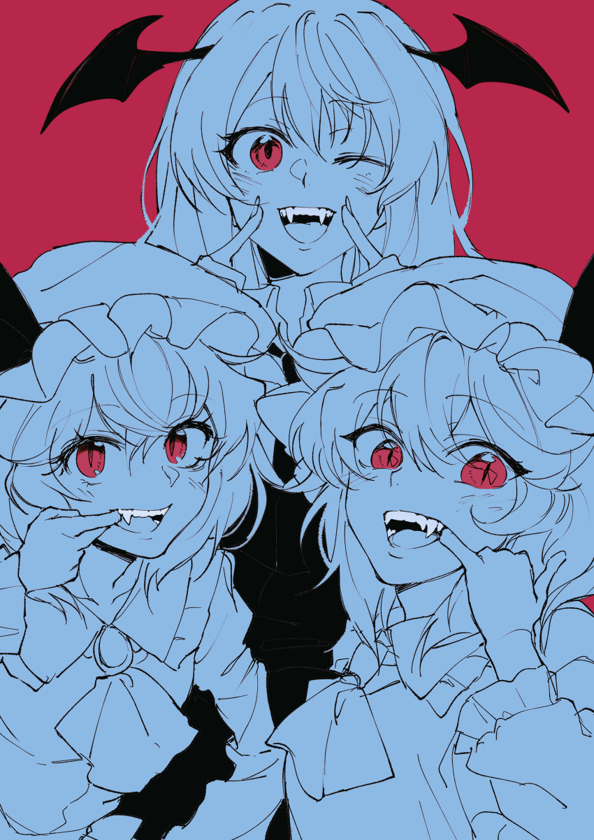 3girls :d ;d absurdres ascot bat_wings bow brooch cowboy_shot fangs fingernails fingersmile flandre_scarlet hair_between_eyes hat hat_bow head_wings highres jewelry koakuma limited_palette long_hair looking_at_viewer mob_cap monochrome multiple_girls necktie one_eye_closed red_background red_eyes remilia_scarlet sharp_fingernails simple_background slit_pupils smile spot_color touhou upper_body wings yoi_(user_auxa3535)