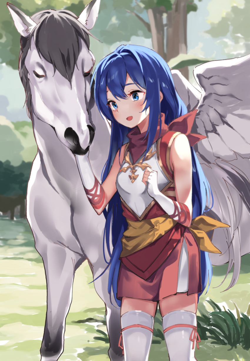 1girl :d animal bandana bare_shoulders blue_hair blush breasts caeda_(fire_emblem) commentary_request elbow_gloves fingerless_gloves fire_emblem fire_emblem:_shadow_dragon gloves hair_between_eyes highres lamb_(hitsujiniku) long_hair outdoors red_skirt skirt small_breasts smile solo standing thigh-highs tree very_long_hair white_gloves white_thighhighs winged_unicorn