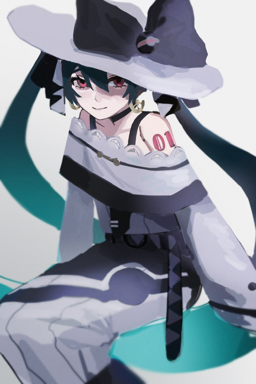 1girl bare_shoulders black_bow black_capelet black_choker black_dress blue_hair bow capelet choker closed_mouth dark_miku_(project_voltage) dress earrings hair_between_eyes hat hat_bow hatsune_miku highres inu_dakisime jewelry long_hair long_sleeves luxury_ball number_tattoo poke_ball pokemon project_voltage red_eyes shoulder_tattoo smile solo sun_hat tattoo twintails two-tone_capelet two-tone_dress very_long_hair vocaloid white_capelet white_dress white_headwear