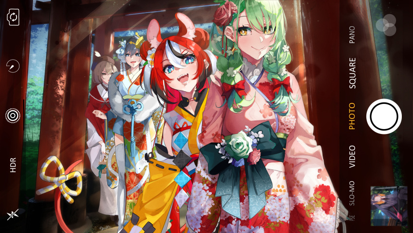 4girls absurdres animal_ears black_hair braid brown_hair ceres_fauna ceres_fauna_(new_year) closed_mouth commentary english_commentary floral_print floral_print_kimono from_behind furisode green_hair hakos_baelz hakos_baelz_(new_year) highres holocouncil hololive hololive_english japanese_clothes kimono low_twin_braids mouse_ears mouse_girl mouse_tail moyomo multicolored_hair multiple_girls multiple_torii nanashi_mumei nanashi_mumei_(new_year) official_alternate_hair_length official_alternate_hairstyle open_mouth ouro_kronii ouro_kronii_(new_year) redhead ribbon sharp_teeth smile streaked_hair tail tail_ornament tail_ribbon teeth torii twin_braids user_interface viewfinder virtual_youtuber white_hair white_kimono