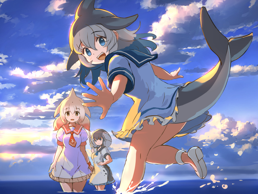 3girls absurdres blowhole blue_dress blue_eyes blue_neckerchief blue_sky cetacean_tail chinese_white_dolphin_(kemono_friends) clouds common_bottlenose_dolphin_(kemono_friends) dolphin_girl dorsal_fin dress fins fish_tail frilled_dress frills grey_dress grey_hair hair_between_eyes head_fins highres kemono_friends koutsuu_(koutuukanseikan) multicolored_hair multiple_girls narwhal_(kemono_friends) neckerchief necktie ocean open_mouth orange_eyes pink_hair puffy_short_sleeves puffy_sleeves red_necktie sailor_dress short_hair short_sleeves short_twintails sidelocks sky smile tail twintails two-tone_dress two-tone_hair wading whale_girl white_dress white_footwear