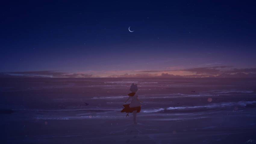 1girl animal_ears beach cat_ears cat_tail clouds crescent_moon footprints highres horizon moon night night_sky original red_skirt ribbon rune_xiao sailor_collar sand scenery short_hair skirt sky solo tail tail_ornament tail_ribbon twilight water white_hair