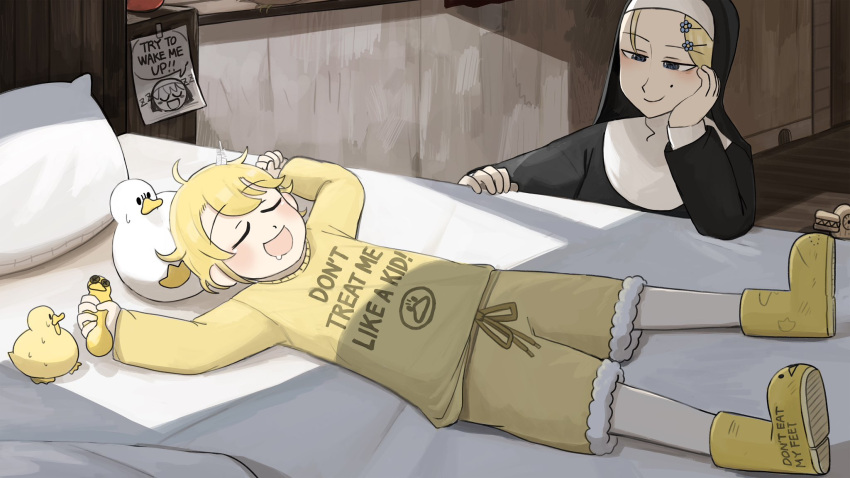 2girls :d banana bed bird blonde_hair blue_eyes catholic chicken clothes_writing clumsy_nun_(diva) diva_(hyxpk) duck duckling english_commentary flower food fruit habit hair_flower hair_ornament highres little_nuns_(diva) lying mole mole_on_cheek mouse_hole multiple_girls nun on_bed pajamas poster_(object) sleeping smile strict_nun_(diva) traditional_nun yellow_footwear yellow_pajamas