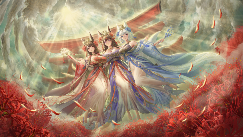 3girls absurdres akagi_(azur_lane) amagi_(azur_lane) animal_ears azur_lane bare_shoulders barefoot blue_eyes breasts brown_hair clouds cloudy_sky commentary_request dress flower fox_ears fox_tail gold hair_flower hair_ornament hand_fan highres holding holding_fan jewelry kaga_(azur_lane) large_breasts long_hair looking_at_viewer multiple_girls multiple_tails pafekui petals see-through see-through_dress short_hair sky spider_lily sunlight tail torii violet_eyes white_hair wide_sleeves