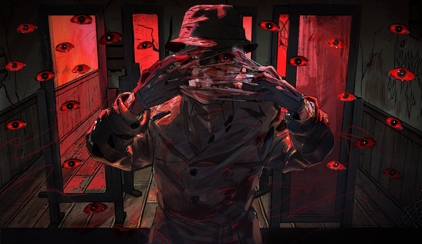 1boy absurdres ascot blood blood_on_clothes blood_on_face bloodshot_eyes extra_eyes facing_viewer fedora gloves hands_up hat highres indoors inkblot male_focus mask mask_over_one_eye one_eye_covered outdoors rorschach scarf solo taocan_shisi_hao tearing_clothes torn_clothes trench_coat watchmen