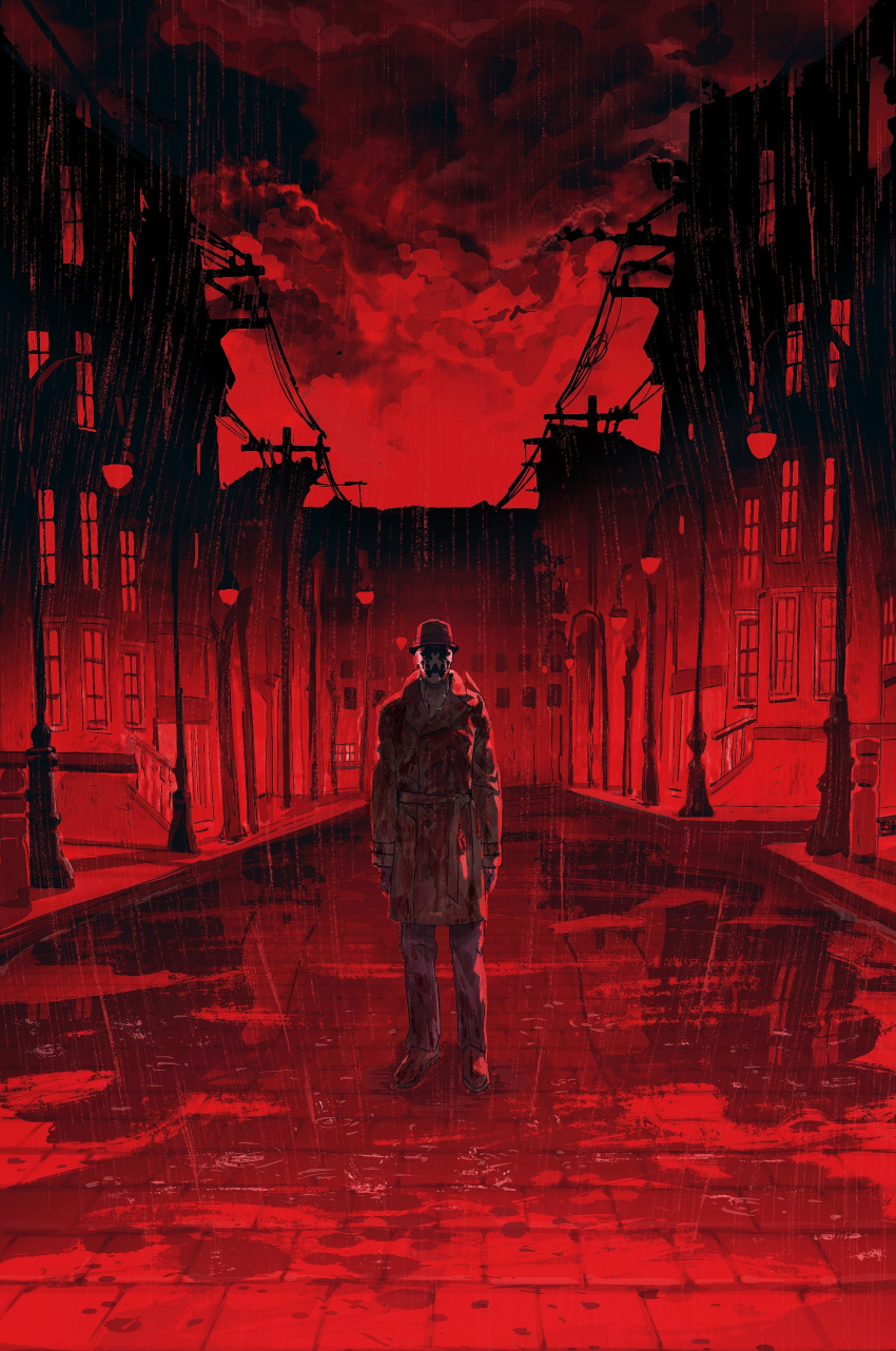 1boy absurdres ascot blood blood_on_clothes building facing_viewer fedora gloves hat highres inkblot lamppost male_focus mask outdoors puddle rain red_sky road rorschach scarf sky street taocan_shisi_hao trench_coat watchmen