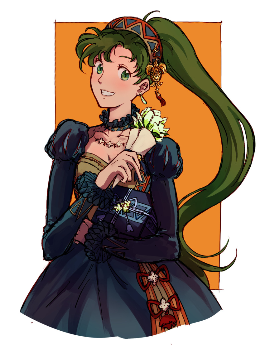 1girl crystal_earrings dress earrings fire_emblem fire_emblem:_the_blazing_blade fire_emblem_heroes green_eyes green_hair high_ponytail highres jcrowly jewelry looking_at_viewer lyn_(fire_emblem) lyn_(valentine)_(fire_emblem) official_alternate_costume