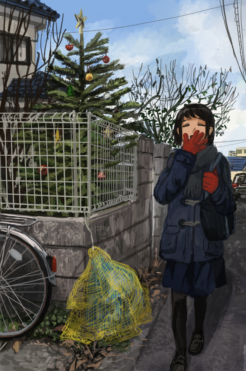 1girl absurdres bag bare_tree bicycle black_hair black_pantyhose blue_coat blue_skirt blue_sky building christmas_ornaments christmas_tree closed_eyes clouds coat gloves grey_scarf hand_up highres house minahamu morning open_mouth original outdoors pantyhose power_lines red_gloves scarf school_bag short_hair skirt sky solo tree urban yawning