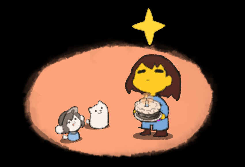 animal_ears anniversary annoying_dog birthday_cake blue_pants brown_footwear brown_hair cake closed_eyes closed_mouth dog dog_ears dog_tail food frisk_(undertale) happy_birthday highres pants shirt striped striped_shirt tail temmie temmie_chang undertale