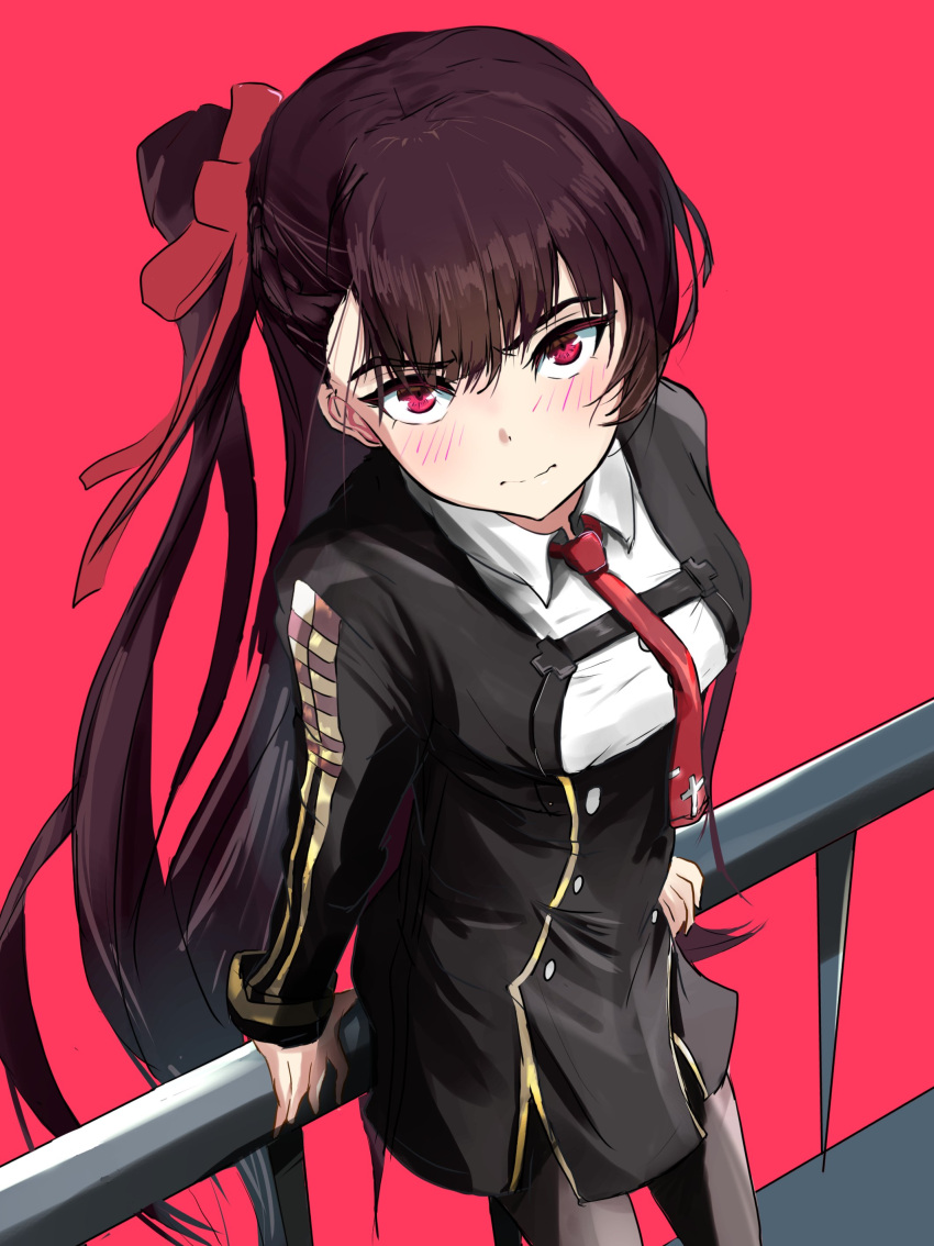 1girl absurdres against_railing blush girls_frontline half_updo highres kebe4445 long_hair looking_at_viewer necktie one_side_up ponytail purple_hair railing red_background red_eyes red_necktie solo wa2000_(girls'_frontline)