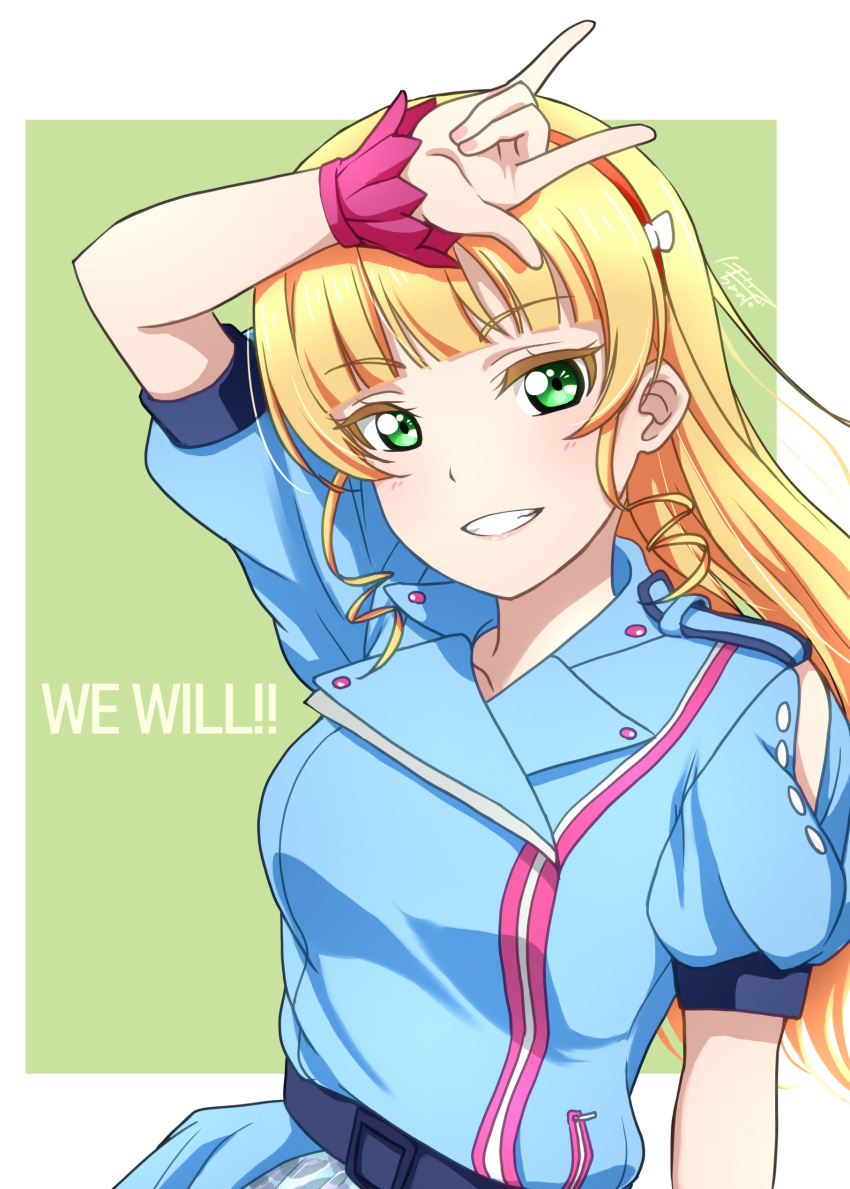 1girl absurdres arm_up blonde_hair blue_jacket blunt_bangs breasts green_eyes grin hairband heanna_sumire highres jacket light_blush long_hair looking_at_viewer love_live! love_live!_superstar!! medium_breasts orange_hairband puffy_short_sleeves puffy_sleeves short_sleeves signature smile solo surv1v3-13005993 teeth upper_body we_will!!_(love_live!) wrist_cuffs