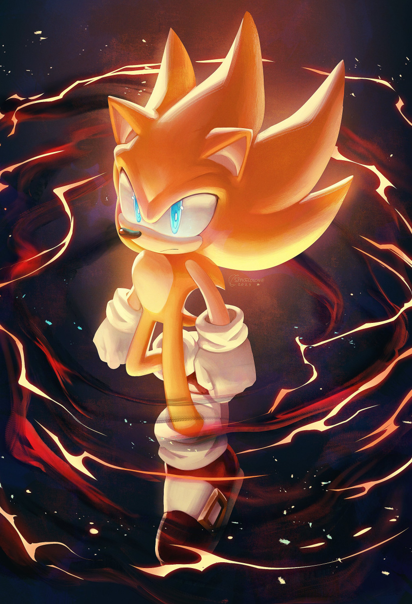 1boy absurdres animal_ears animal_nose artist_name blue_eyes closed_mouth electricity flying furry furry_male gloves gold_trim hedgehog hedgehog_ears hedgehog_tail highres leg_up looking_at_viewer male_focus red_footwear shoes sneakers socks solo sonic_(series) sonic_frontiers spacecolonie super_sonic tail white_gloves white_socks yellow_fur