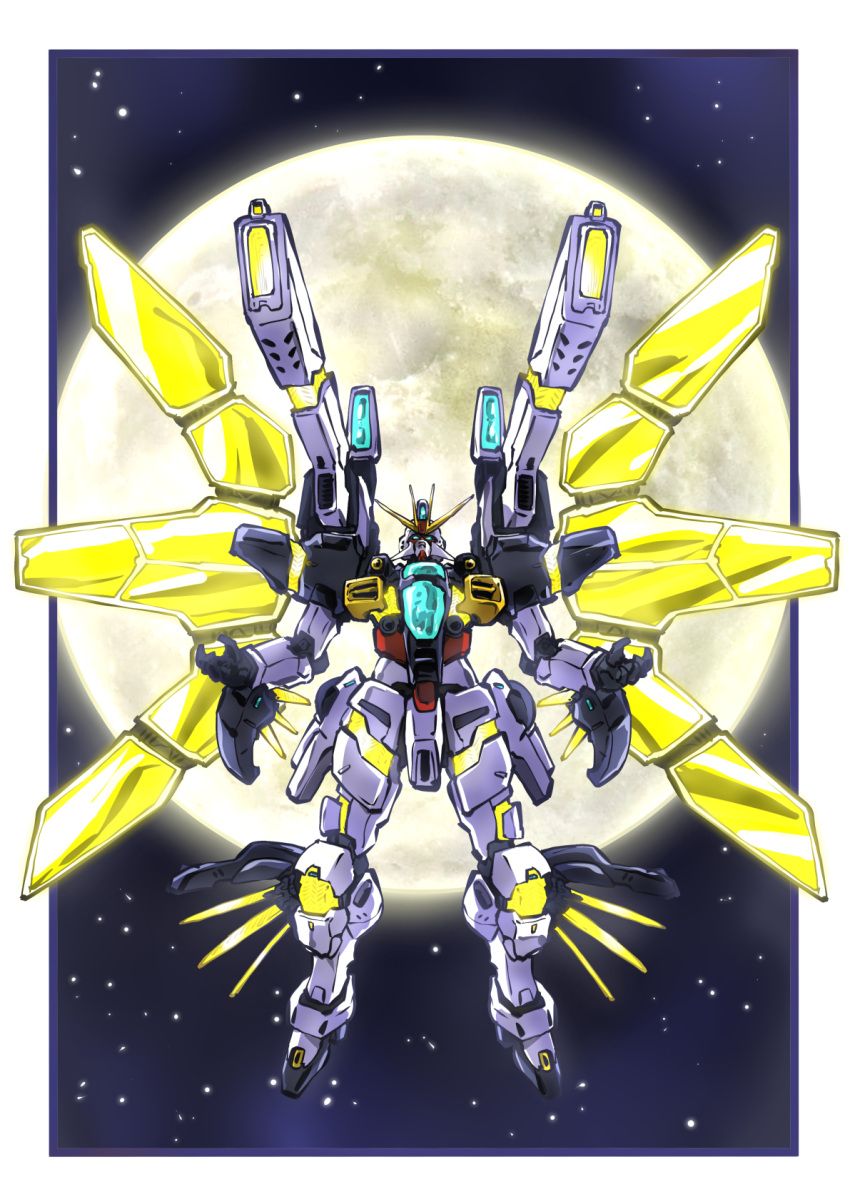 after_war_gundam_x beam_cannon energy_cannon full_body full_moon green_eyes gundam gundam_double_x highres looking_at_viewer mecha mobile_suit moon no_humans redesign robot satellite_cannon science_fiction solo space star_(sky) taiga_hiroyuki v-fin