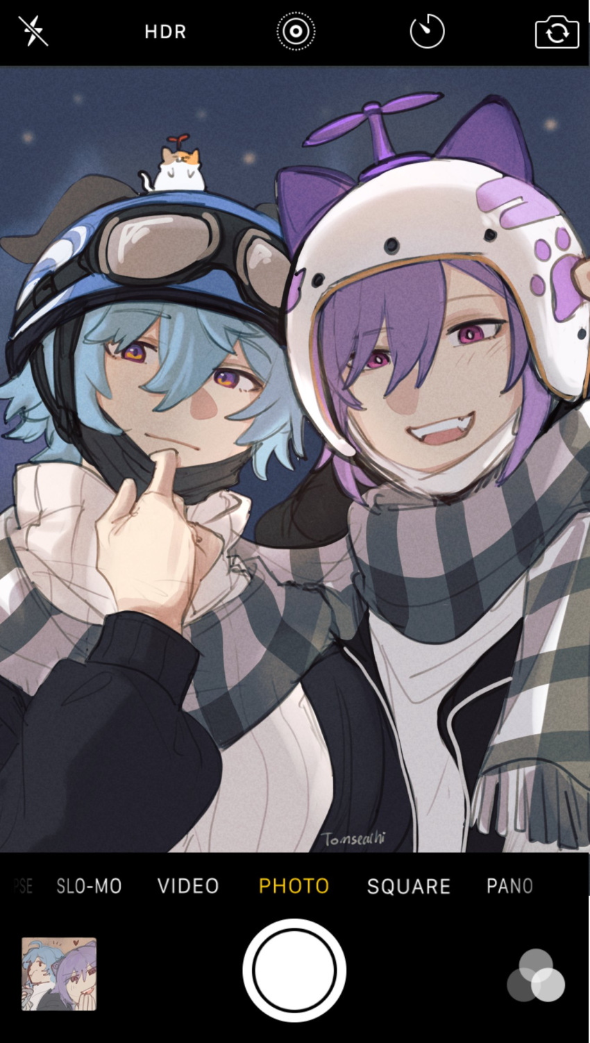 2girls absurdres alternate_costume animal_ears black_sleeves blue_hair cat_ears cellphone closed_mouth couple dated english_commentary english_text ganyu_(genshin_impact) genshin_impact helmet highres iphone jacket keqing_(genshin_impact) looking_at_viewer multiple_girls open_clothes open_jacket open_mouth phone purple_hair scarf selfie shirt smartphone teeth tomseachi twitter_username upper_teeth_only violet_eyes white_shirt