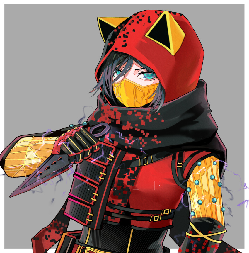 1girl animal_hood animification apex_legends black_hair cat_hood chinese_commentary covered_mouth glowing glowing_eyes grey_background hellcat_wraith highres holding holding_knife hood hood_up hooded_jacket jacket knife looking_at_viewer official_alternate_costume red_jacket red_scarf scarf solo wraith's_kunai wraith_(apex_legends) xiaoye_ju_er
