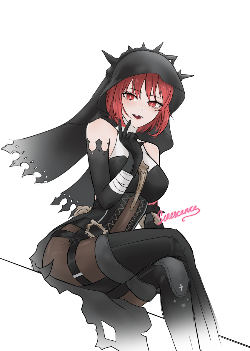 1girl absurdres artist_name bare_shoulders black_gloves black_pantyhose black_shirt black_thighhighs black_veil boots elbow_gloves gloves highres looking_at_viewer medium_hair open_mouth pantyhose punishing:_gray_raven red_eyes redhead senescence shirt sitting solo teeth thigh-highs upper_teeth_only veil vera:_garnet_(punishing:_gray_raven) vera:_garnet_(sorrowful_rose)_(punishing:_gray_raven) vera_(punishing:_gray_raven) white_background