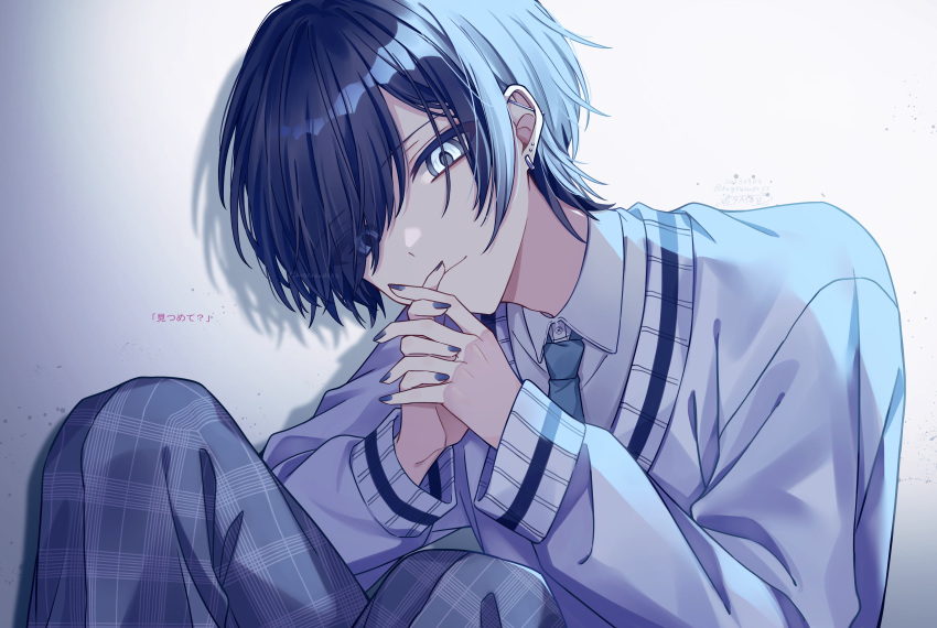 1boy ? absurdres blue_eyes blue_hair blue_nails blue_necktie blue_pants blue_theme cardigan closed_mouth collared_shirt daifuku_mame_(kageroudt33) dark_blue_hair ear_piercing earrings grey_background grey_shirt heterochromia highres industrial_piercing jewelry long_sleeves looking_at_viewer male_focus multicolored_background multiple_earrings necktie original pants piercing plaid plaid_pants shirt short_hair smile translation_request white_background white_cardigan