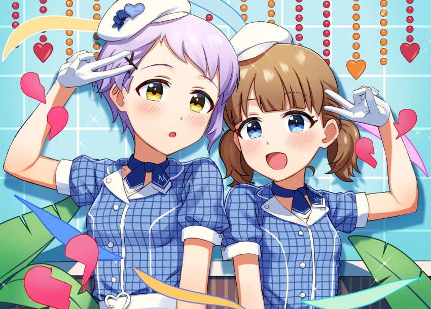 2girls :o asymmetrical_bangs belt blue_background blue_dress blue_eyes blush breasts broken_heart brown_hair buttons check_commentary checkered_clothes commentary_request dress gloves hair_ornament hairclip hand_up hat heart highres idolmaster idolmaster_million_live! idolmaster_million_live!_theater_days kurageso looking_at_viewer low_twintails makabe_mizuki medium_hair multiple_girls open_mouth plant purple_hair short_hair short_sleeves small_breasts smile suou_momoko twintails upper_body v white_belt white_gloves white_headwear yellow_eyes