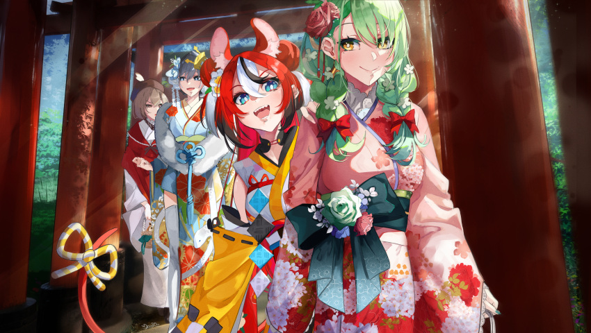 4girls absurdres animal_ears black_hair braid brown_hair ceres_fauna ceres_fauna_(new_year) closed_mouth commentary english_commentary floral_print floral_print_kimono from_behind furisode green_hair hakos_baelz hakos_baelz_(new_year) highres holocouncil hololive hololive_english japanese_clothes kimono low_twin_braids mouse_ears mouse_girl mouse_tail moyomo multicolored_hair multiple_girls multiple_torii nanashi_mumei nanashi_mumei_(new_year) official_alternate_hair_length official_alternate_hairstyle open_mouth ouro_kronii ouro_kronii_(new_year) redhead ribbon sharp_teeth smile streaked_hair tail tail_ornament tail_ribbon teeth torii twin_braids virtual_youtuber white_hair white_kimono