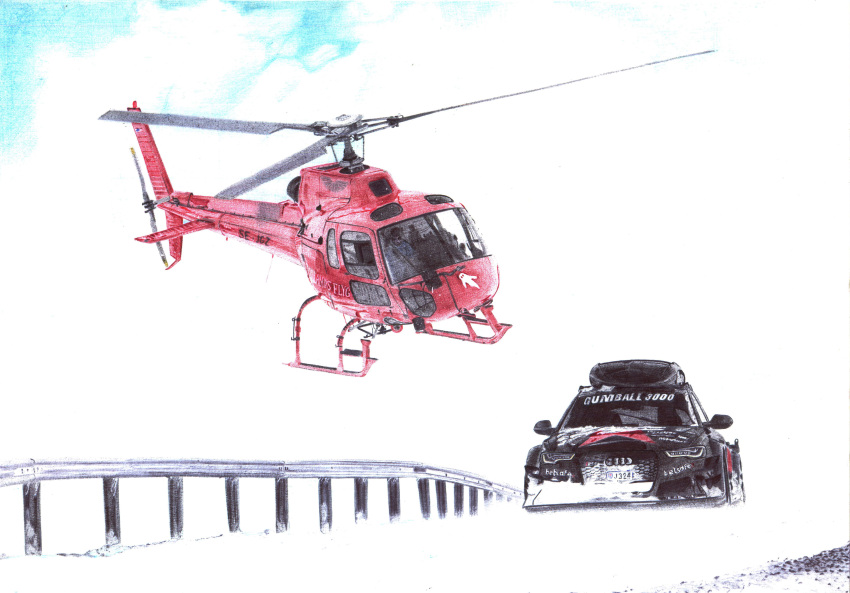 absurdres aircraft audi audi_rs6 ballpoint_pen_(medium) car clouds english_commentary flying guard_rail helicopter highres license_plate motor_vehicle no_humans original pavlo_scherbatyuk sky snow traditional_media vehicle_focus