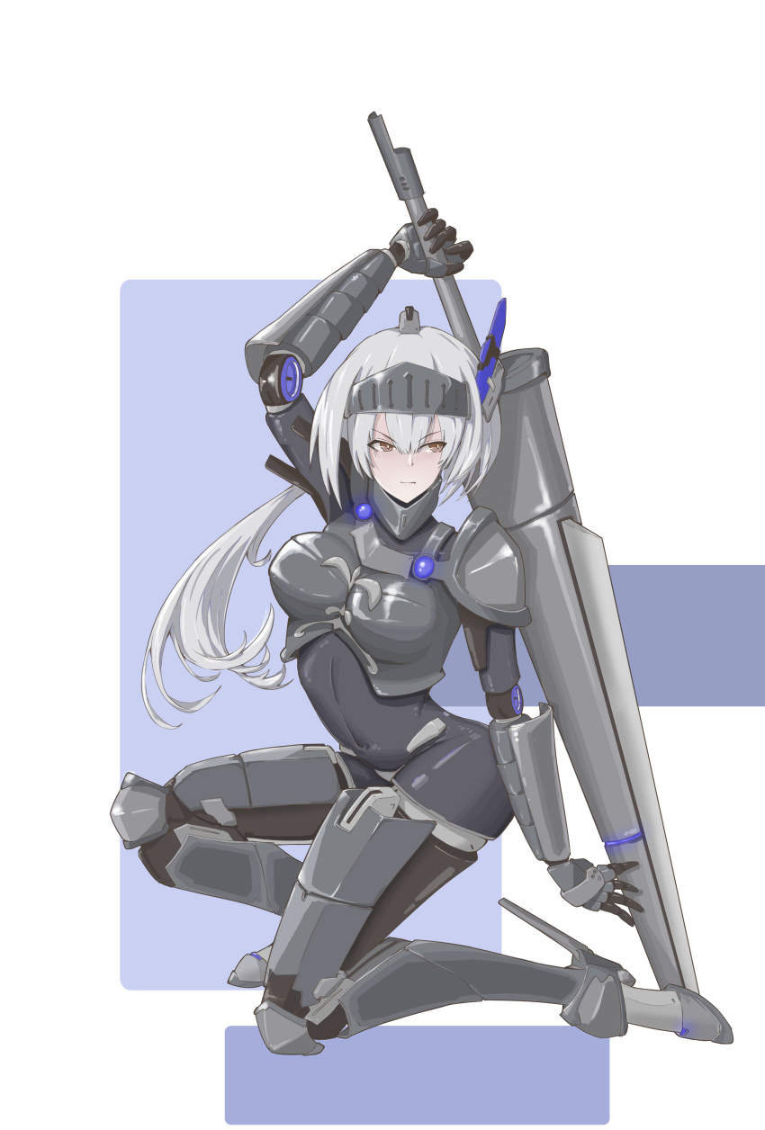 1girl absurdres alternate_costume alternate_hair_length alternate_hairstyle commentary_request covered_navel cyborg grey_hair headgear highres holding holding_polearm holding_weapon huge_weapon joints knight long_hair mecha_musume mo_geng polearm ponytail punishing:_gray_raven robot_joints rosetta_(punishing:_gray_raven) sidelocks weapon weapon_request yellow_eyes