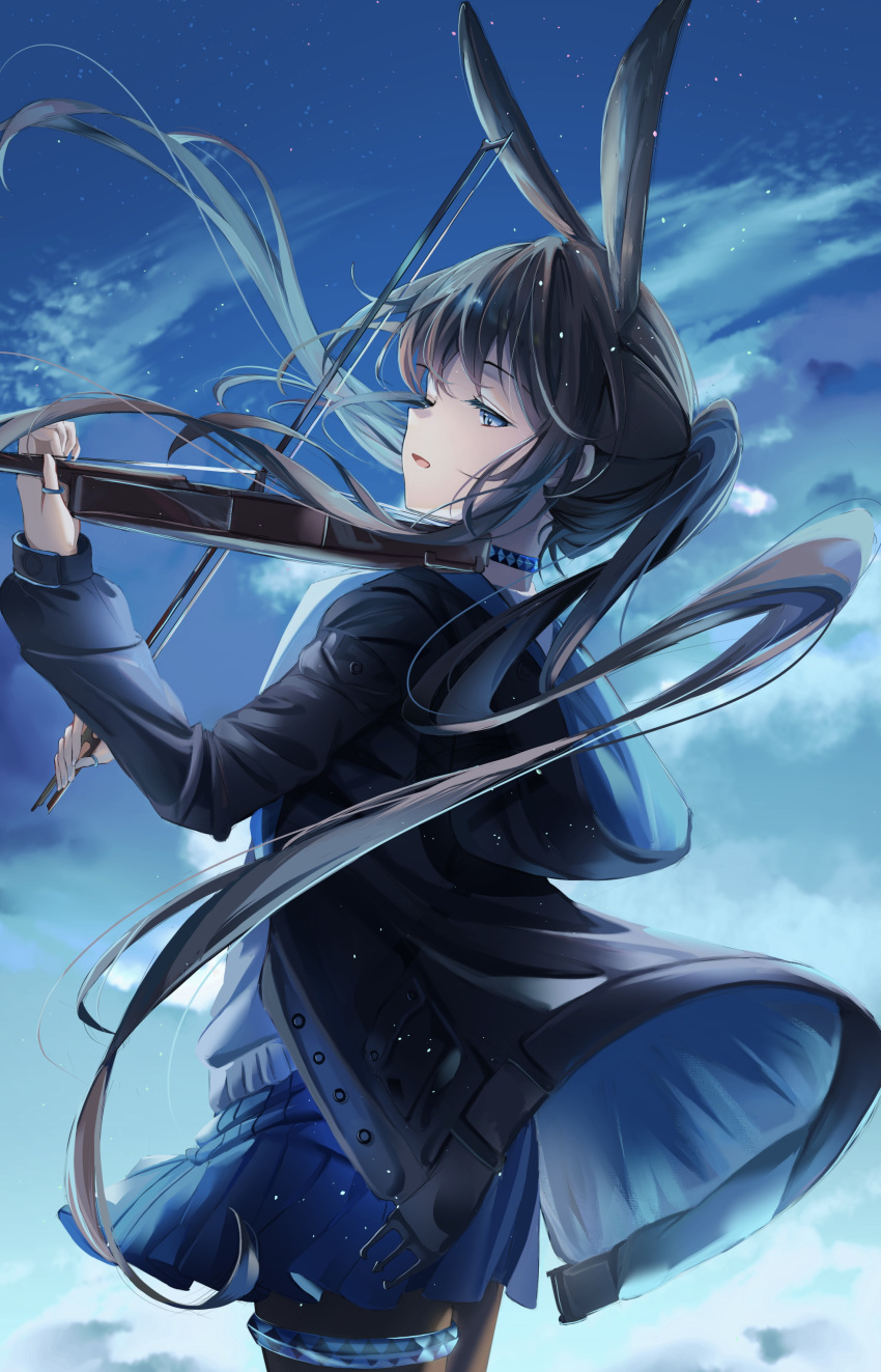 1girl absurdres amiya_(arknights) animal_ears arknights black_jacket black_pantyhose blue_eyes blue_skirt blue_sky brown_hair cowboy_shot extra_ears floating_hair from_behind highres holding_bow_(music) holding_violin hood hood_down hooded_jacket infection_monitor_(arknights) instrument jacket jewelry long_hair long_sleeves multiple_rings music night ohagi_umeume open_clothes open_jacket open_mouth outdoors pantyhose playing_instrument ponytail rabbit_ears rabbit_girl ring shirt sidelocks skirt sky solo thumb_ring very_long_hair white_shirt