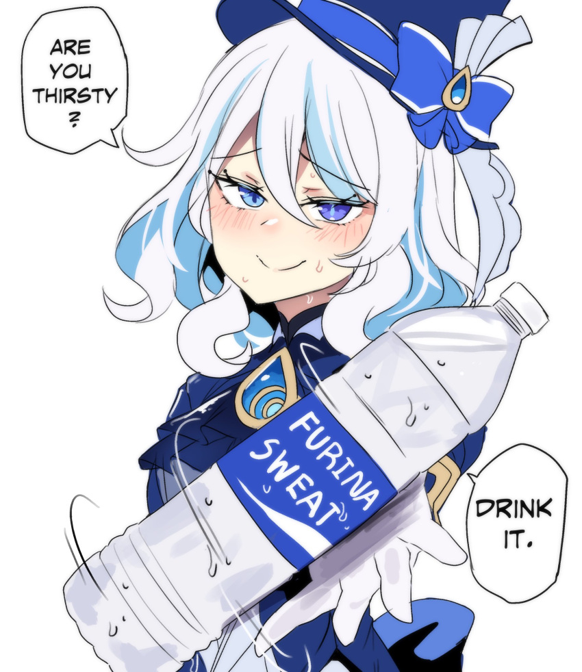 1girl blue_eyes blue_headwear bottle commentary duplicate furina_(genshin_impact) genshin_impact gloves hat highres hinghoi holding holding_bottle looking_at_viewer short_hair smile solo speech_bubble top_hat water_bottle white_gloves white_hair