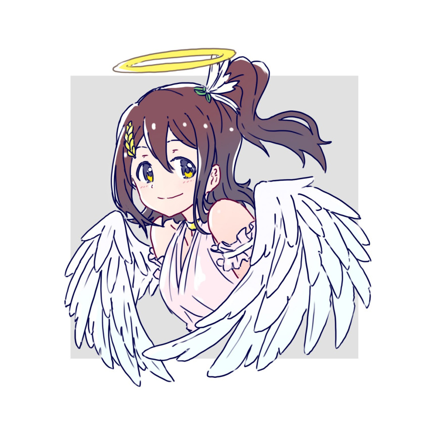 1girl angel angel_wings armband breasts brown_hair choker dress feather_hair_ornament feathered_wings feathers frilled_armband frills grey_background hair_between_eyes hair_ornament halo highres idolmaster idolmaster_million_live! kasuga_mirai kelvin1996c long_hair looking_at_viewer medium_breasts side_ponytail sidelocks sleeveless sleeveless_dress smile solo upper_body white_dress wings yellow_choker yellow_eyes