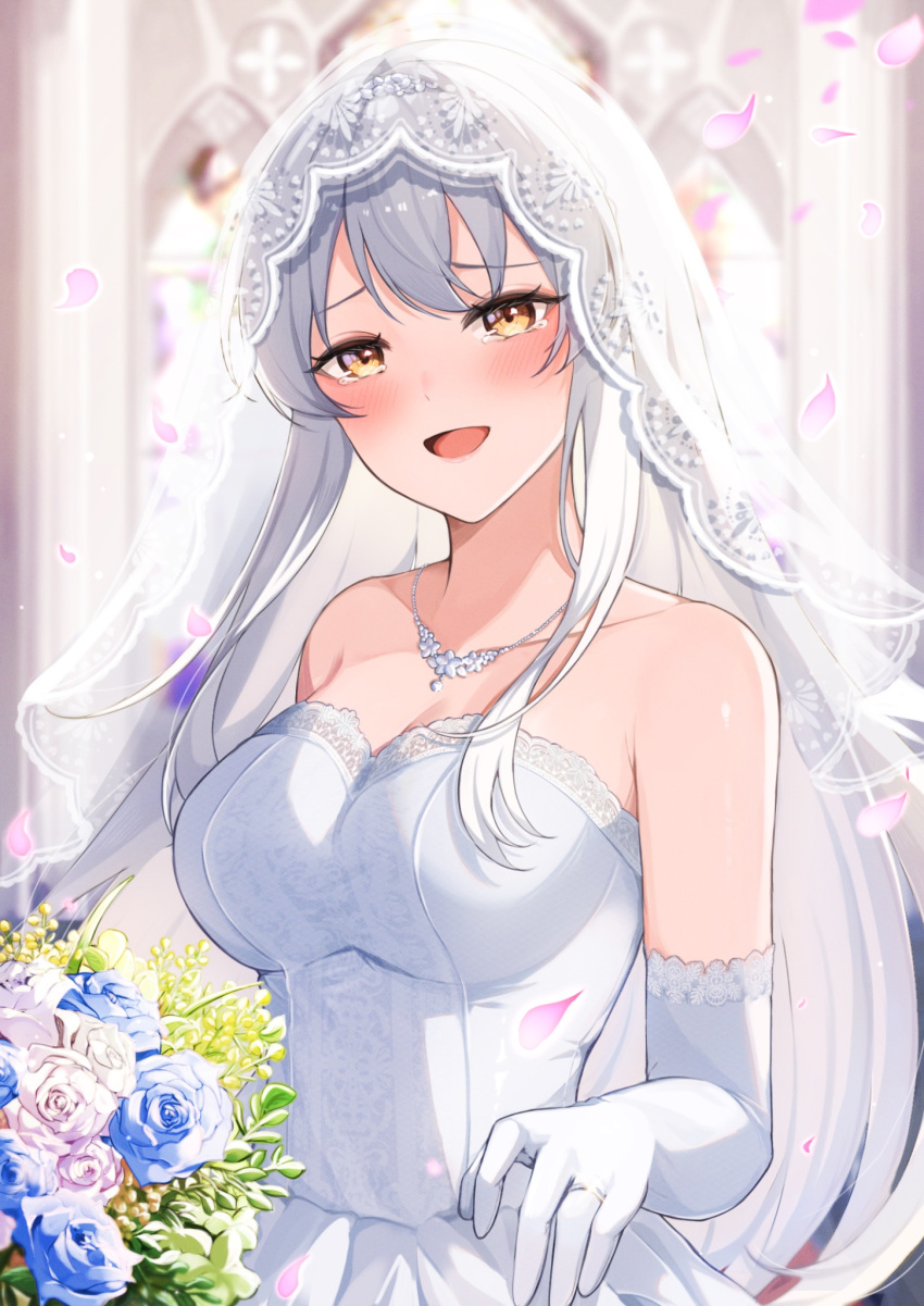 1girl alternate_costume bouquet bridal_veil brown_eyes dress elbow_gloves gloves grey_hair highres jewelry kantai_collection long_hair looking_at_viewer necklace ranran_3939 shoukaku_(kancolle) smile solo strapless strapless_dress upper_body veil wedding_dress white_gloves