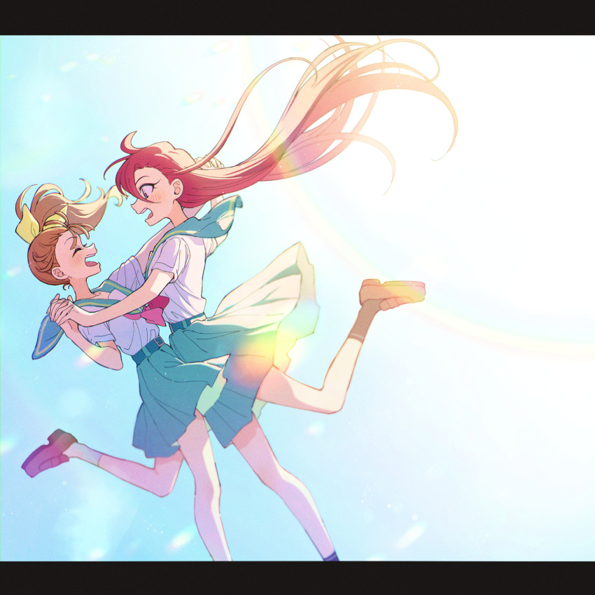 2girls :d aozora_middle_school_uniform aqua_skirt belt belt_buckle black_border black_socks blue_background blue_belt blue_eyes blush border bow brown_footwear brown_hair buckle closed_eyes dancing floating_hair gradient_background green_sailor_collar hair_bow high_side_ponytail highres holding_hands interlocked_fingers letterboxed loafers long_hair looking_at_another miniskirt multiple_girls natsuumi_manatsu neckerchief pleated_skirt precure red_neckerchief redhead sailor_collar sailor_collar_lift sailor_shirt school_uniform shirt shoes skirt smile socks straight_hair takizawa_asuka tropical-rouge!_precure very_long_hair white_shirt white_socks yellow_bow yuzu_sato
