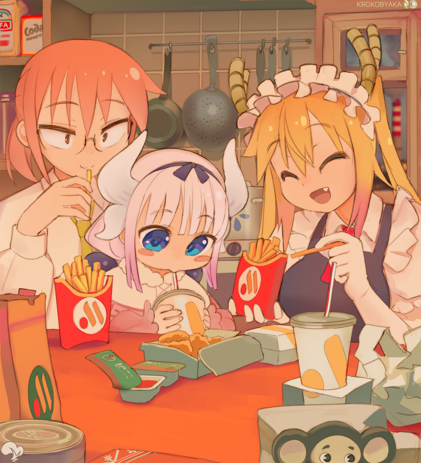 3girls :d beads blonde_hair blue_dress blue_eyes breasts brown_eyes cheburashka closed_mouth commentary cup derivative_work dragon_girl dragon_horns dress dress_shirt english_commentary fang food french_fries glasses gloves hair_beads hair_ornament highres holding holding_food horns indoors kanna_kamui kobayashi-san_chi_no_maidragon kobayashi_(maidragon) krokobyaka large_breasts long_hair long_sleeves maid_headdress multiple_girls necktie open_mouth pinafore_dress purple_hair red_necktie redhead shirt short_hair sleeveless sleeveless_dress smile tohru_(maidragon) twintails vkusno_i_tochka white_gloves white_shirt yellow_necktie yoru_mac