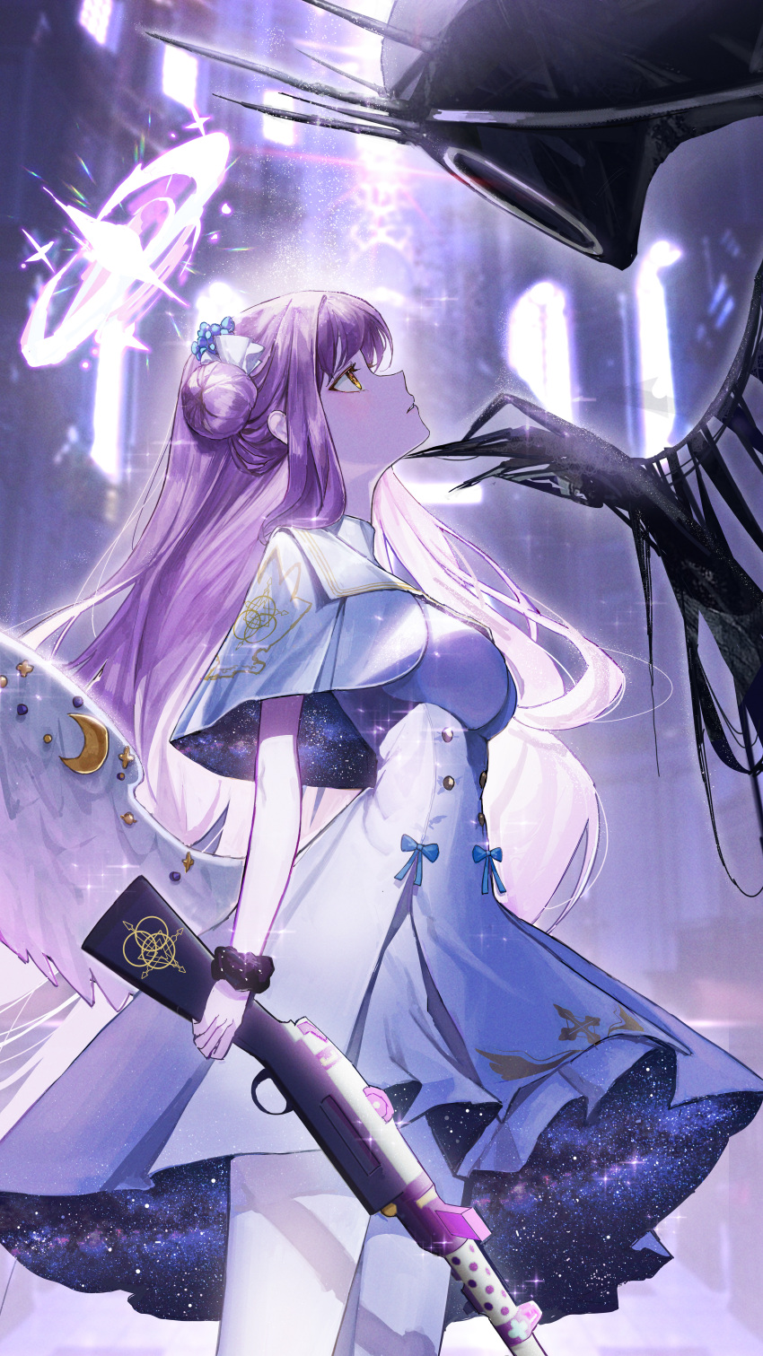 1girl absurdres blue_archive breasts capelet cowboy_shot dress gun hair_bun halo highres holding holding_gun holding_weapon kuren_kren large_breasts long_hair mika_(blue_archive) open_mouth pink_hair pink_halo single_side_bun solo weapon white_capelet white_dress yellow_eyes