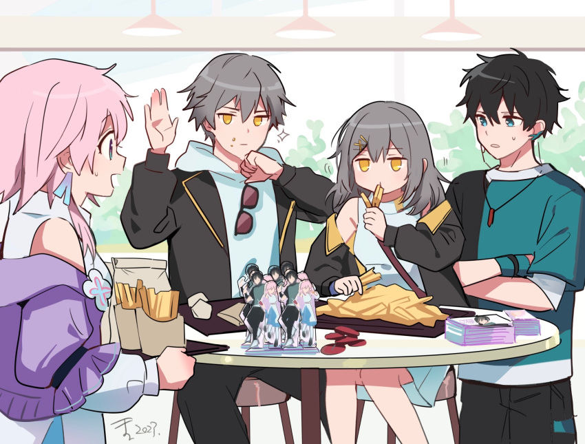 2boys 2girls aqua_shirt arm_up artist_name black-framed_eyewear black_hair black_jacket black_pants black_shirt caelus_(honkai:_star_rail) caelus_(world_tour_2023)_(honkai:_star_rail) ceiling_light closed_mouth commentary crossed_arms dan_heng_(feast)_(honkai:_star_rail) dan_heng_(honkai:_star_rail) earrings eating eyewear_on_clothing fast_food food food_on_face french_fries grey_hair hair_between_eyes hair_ornament hairclip highres holding holding_tray honkai:_star_rail honkai_(series) hood hood_down indoors jacket jewelry kotone_ranmaru long_hair long_sleeves march_7th_(feast)_(honkai:_star_rail) march_7th_(honkai:_star_rail) merchandise multiple_boys multiple_girls necklace off_shoulder official_alternate_costume open_clothes open_jacket open_mouth pants parted_lips pink_hair purple_jacket red-tinted_eyewear shirt short_hair short_sleeves signature sitting skirt sleeveless sleeveless_shirt sparkle standing stelle_(honkai:_star_rail) stelle_(world_tour_2023)_(honkai:_star_rail) stool sunglasses sweat table tinted_eyewear too_much_food trailblazer_(honkai:_star_rail) tray two-tone_shirt undershirt white_shirt white_skirt window wiping_face wristband x_hair_ornament yellow_eyes