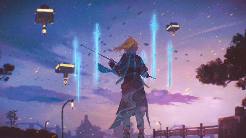 1boy absurdres blonde_hair chinese_clothes clouds commentary_request from_behind gloves highres holding holding_weapon honkai:_star_rail honkai_(series) long_sleeves male_focus multiple_swords outdoors pants ponytail saisho_(qpoujr) scenery short_hair sky solo standing sunrise weapon white_pants yanqing_(honkai:_star_rail)