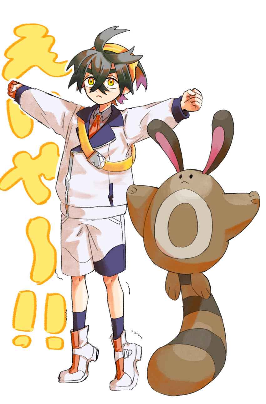1boy :&lt; antenna_hair arms_up bag balancing_on_tail black_hair blue_socks clenched_hands closed_mouth collared_shirt colored_inner_hair commentary_request crossed_bangs dean_(satori-fujioka) frown full_body hair_between_eyes hairband highres jacket kieran_(pokemon) lapels long_sleeves male_focus mole mole_on_neck multicolored_hair necktie outstretched_arms pokemon pokemon_(game) pokemon_sv purple_hair red_necktie school_uniform sentret shirt shoes short_hair shorts sidelocks simple_background socks solid_circle_eyes spread_arms standing tiptoes translation_request trembling two-tone_hair v-shaped_eyebrows white_background white_footwear white_jacket white_shorts wing_collar yellow_bag yellow_eyes yellow_hairband