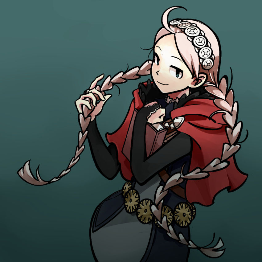 1girl ahoge belt black_bridal_gauntlets book braid capelet closed_mouth facing_to_the_side fire_emblem fire_emblem_fates hairband holding holding_book hood hood_down hooded_capelet jcrowly looking_at_viewer low_twin_braids nina_(fire_emblem) parted_bangs playing_with_own_hair red_capelet red_hood smile solo twin_braids white_hair white_hairband