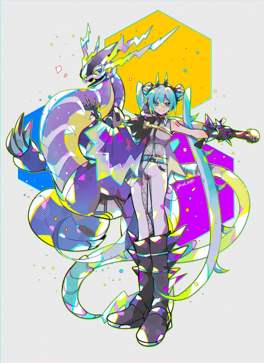 absurdres aqua_eyes aqua_hair belt black_footwear black_gloves boots collared_shirt commentary double_bun dragon_horns dragon_miku_(project_voltage) electricity fake_horns gloves hair_bun hatsune_miku highres holding holding_sword holding_weapon horns kawasaki_(kwsk_8765) knee_boots light_smile long_hair looking_at_viewer miraidon pants pokemon pokemon_(creature) project_voltage shirt shoulder_cape single_bare_shoulder sword twintails very_long_hair vocaloid weapon