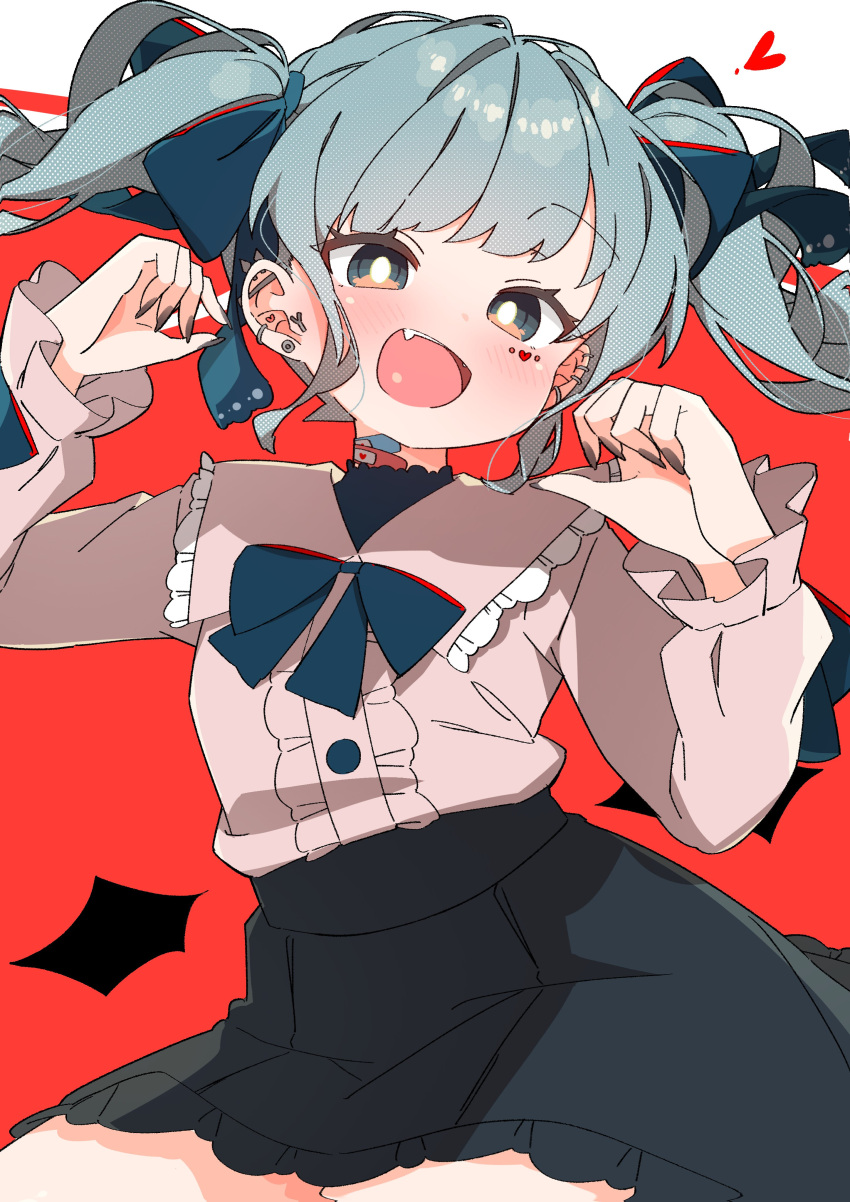 1girl :d absurdres arms_up bandaid bandaid_on_neck black_skirt blush bow collared_shirt detached_wings ear_piercing facial_mark fangs floating_hair hair_bow half-closed_eyes hatsune_miku heart heart_facial_mark highres industrial_piercing lace_trim looking_at_viewer piercing red_background shirt skirt smile thighs twintails uruti_2388 vampire vampire_(vocaloid) vocaloid w_arms white_background wings