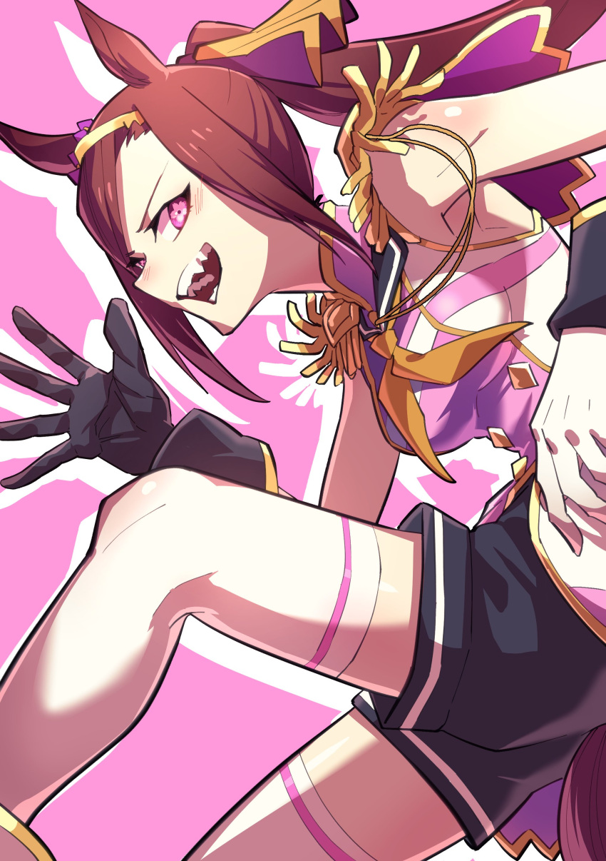 1girl absurdres animal_ears asymmetrical_gloves black_gloves black_shorts breasts brown_hair drop_shadow epaulettes fangs feet_out_of_frame gloves highres horse_ears horse_girl horse_tail long_hair looking_at_viewer looking_to_the_side mismatched_gloves neckerchief open_mouth pink_eyes ponytail sakura_bakushin_o_(umamusume) short_shorts shorts sideways_mouth sleeveless sleeveless_jacket small_breasts smile solo symbol-shaped_pupils tail takatsuki_nato teeth thigh-highs umamusume white_gloves white_thighhighs yellow_neckerchief